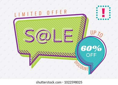 Sale with At Symbol Limited Offer 50 % Discount Shopping Creative Concept in Diagonal Strokes Sketch Trendy Speech Bubbles - Multicolor on Grey Holes Wallpaper Background - Vector Flat Graphic Design