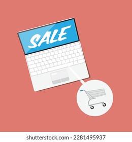 Sale symbol on notebook screen and shopping cart icon - vector