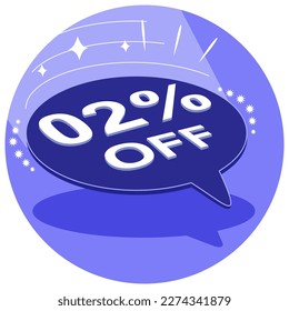 Sale tag 02% two percent off in 3D, vector illustration, balloon shape, art.