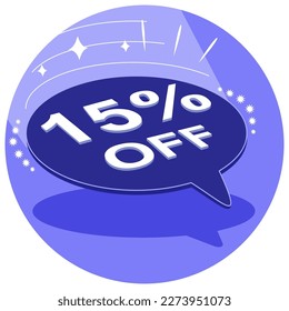 Sale tag 15% fifteen percent off in 3D, vector illustration, balloon shape, art.