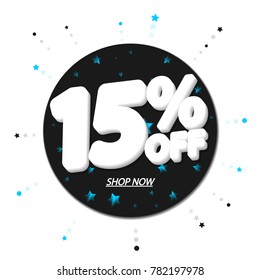 Sale tag 15% off, banner design template, discount circle sticker, vector illustration