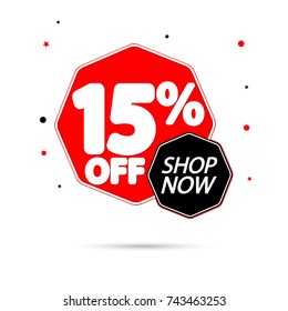 Sale tag 15% off, shop now, banner design template, app icon, vector illustration