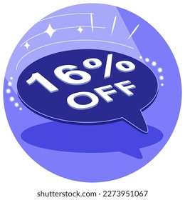 Sale tag 16% sixteen percent off in 3D, vector illustration, balloon shape, art.