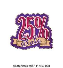 Sale tag 25% off, vintage, colorful, funny. Vector isolated graphic design elements and illustration. Advertising, shopping, clearance, special offer, discount, price tag, marketing.