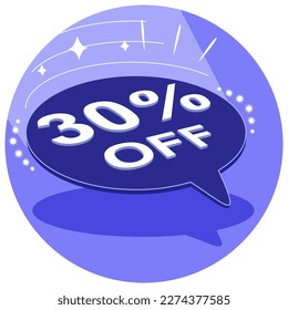 Sale tag 30% thirty percent off in 3D, vector illustration, balloon shape, art.