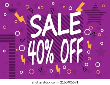 Sale tag 40% off, banner design template, purple color, vector illustration.