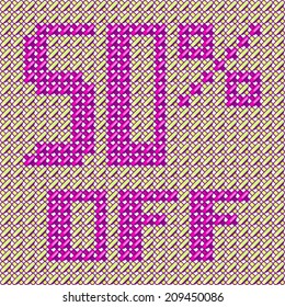 Sale tag 50 % off knitted background cross stitch texture