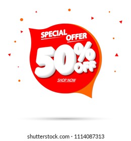 Sale tag 50% off, speech bubble banner design template, special offer, app icon, vector illustration