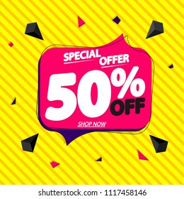 Sale tag 50% off, speech bubble banner design template, special offer, app icon, vector illustration