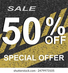 Sale tag 50% off, vector illustration asphalt, art.