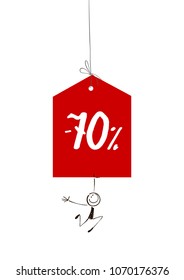 Sale tag -70% with a happy stick figure.Vector illustration