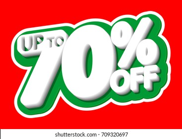 Sale tag, up to 70% off, isolated sticker, poster design template, vector illustration