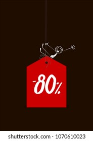 Sale tag -80% with a happy stick figure on a black background.Vector illustration