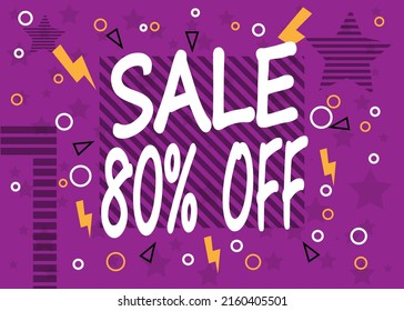 Sale tag 80% off, banner design template, purple color, vector illustration.