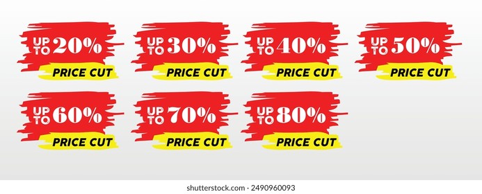 Sale tag badge with different discount. 20, 30, 40, 50, 60, 70, 80 percent off