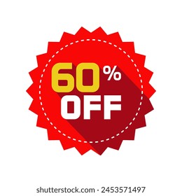 Sale tag badge template, 60 percent off sale label symbol, 60 discount promotion flat icon with long shadow, clearance sale sticker emblem, bargain red sign rosette design isolated on white image