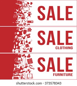 Sale tag banner 3 sets , all , clothing , furniture with a lot of product inside