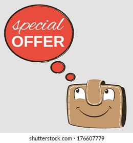 Sale tag banner. Happy beige brown wallet with Discount. Special offer on speech bubble banner. Vector illustration. 
