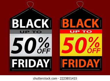 Sale tag black friday 50% fifty percent off, vector illustration, two examples.
