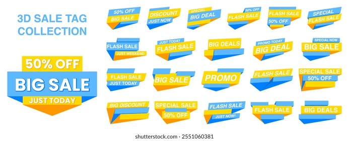 Sale tag collection and each tag have vibrant colors with clear and bold text displaying phrase. Suitable for use in online stores, promotional banners or store display