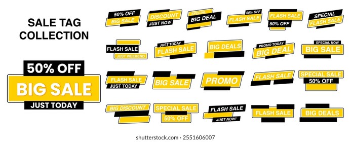 Sale tag collection and each tag have vibrant colors with clear and bold text displaying phrase. Suitable for use in online stores, promotional banners or store display