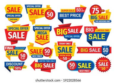 Sale Tag Design Badge Set. Discount Abstract Banner Collection. Special Offer, Best Price Concept Stickers. Clearance Graphic Messages. Vector Illustration.