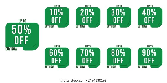 Sale tag different discount price set in green color. 10% 20% 30% 40% 50% 60% 70% 80% and 90% percent price clearance sticker badge banner label vector Illustration isolated on white background.