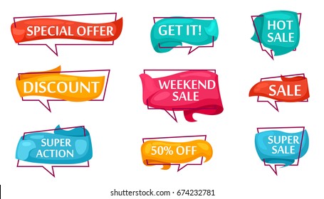 Sale tag and discount banner with retail or promo sign set. Special offer sale label.