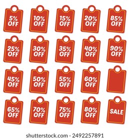 Sale tag discount banners with different discount set. 10, 20, 25, 30, 35, 40, 50, 60, 70, 80, 90 percent discount. Vector icons, EPS10