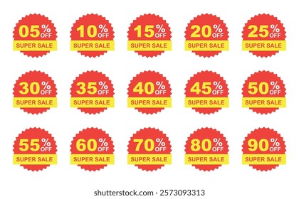 Sale tag discount set. 05. 10.15. 20. 25. 30. 35. 40. 45. 50. 60. 70. 80. and 90 percent price clearance sticker badge banner label vector Illustration isolated on white background.