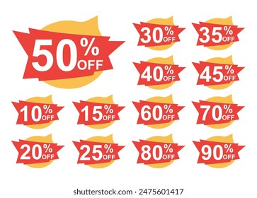 Sale tag discount set. 10.15. 20. 25. 30. 35. 40. 45. 50. 60. 70. 80. and
90 percent price clearance sticker badge banner label vector Illustration isolated on white background.