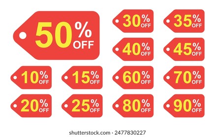 Sale tag discount set. 10.15. 20. 25. 30. 35. 40. 45. 50. 60. 70. 80. and 90 percent price clearance sticker badge banner label vector Illustration isolated on white background.