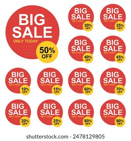 Sale tag discount set. 10.15. 20. 25. 30. 35. 40. 45. 50. 60. 70. 80. and 90 percent price clearance sticker badge banner label vector Illustration isolated on white background.