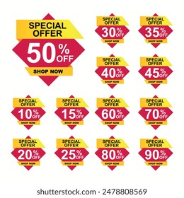 Sale tag discount set. 10.15. 20. 25. 30. 35. 40. 45. 50. 60. 70. 80. and 90 percent price clearance sticker badge banner label vector Illustration isolated on white background.