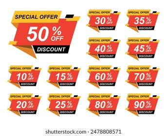 Sale tag discount set. 10.15. 20. 25. 30. 35. 40. 45. 50. 60. 70. 80. and 90 percent price clearance sticker badge banner label vector Illustration isolated on white background.