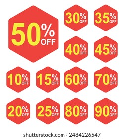 Sale tag discount set. 10.15. 20. 25. 30. 35. 40. 45. 50. 60. 70. 80. and 90 percent price clearance sticker badge banner label vector Illustration isolated on white background.