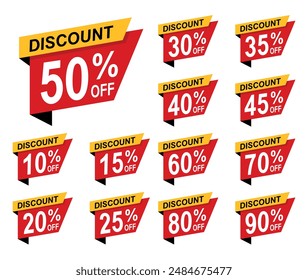 Sale tag discount set. 10.15. 20. 25. 30. 35. 40. 45. 50. 60. 70. 80. and 90 percent price clearance sticker badge banner label vector Illustration isolated on white background.