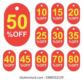 Sale tag discount set. 10.15. 20. 25. 30. 35. 40. 45. 50. 60. 70. 80. and 90 percent price clearance sticker badge banner label vector Illustration isolated on white background.