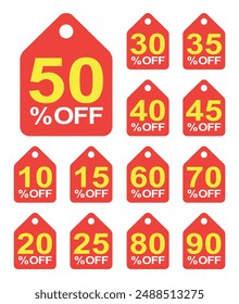 Sale tag discount set. 10.15. 20. 25. 30. 35. 40. 45. 50. 60. 70. 80. and 90 percent price clearance sticker badge banner label vector Illustration isolated on white background.