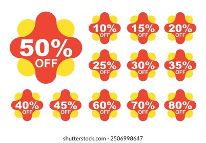 Sale tag discount set. 10.15. 20. 25. 30. 35. 40. 45. 50. 60. 70. 80. and 90 percent price clearance sticker badge banner label vector Illustration isolated on white background.