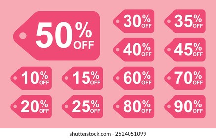 Sale tag discount set. 10.15. 20. 25. 30. 35. 40. 45. 50. 60. 70. 80. and 90 percent price clearance sticker badge banner label vector Illustration.