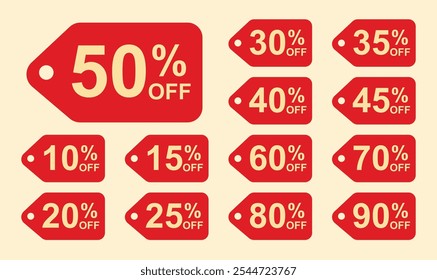 Sale tag discount set. 10.15. 20. 25. 30. 35. 40. 45. 50. 60. 70. 80. and 90 percent price clearance sticker badge banner label Vector Illustration.