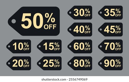 Sale tag discount set. 10.15. 20. 25. 30. 35. 40. 45. 50. 60. 70. 80. and 90 percent price clearance sticker badge banner label vector Illustration.