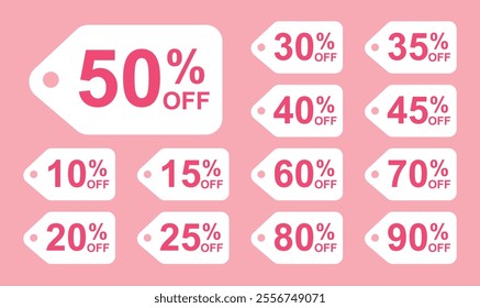 Sale tag discount set. 10.15. 20. 25. 30. 35. 40. 45. 50. 60. 70. 80. and 90 percent price clearance sticker badge banner label vector Illustration.