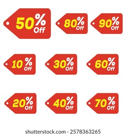 Sale tag discount set. 10.15. 20. 25. 30. 35. 40. 45. 50. 60. 70. 80. and 90 percent price clearance sticker badge banner label vector Illustration isolated on white background