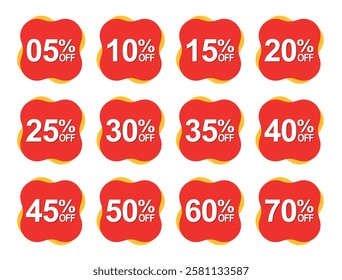 Sale tag discount set. Different percent discount sticker, price tag, badge set. 05.10.15. 20. 25. 30. 35. 40. 45. 50. 60 and 70 percent off. Stickers collection.  Vector illustration