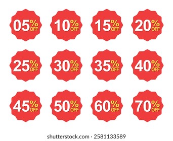 Sale tag discount set. Different percent discount sticker, price tag, badge set. 05.10.15. 20. 25. 30. 35. 40. 45. 50. 60 and 70 percent off. Stickers collection.  Vector illustration