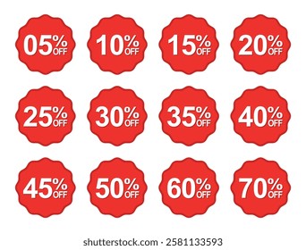 Sale tag discount set. Different percent discount sticker, price tag, badge set. 05.10.15. 20. 25. 30. 35. 40. 45. 50. 60 and 70 percent off. Stickers collection.  Vector illustration