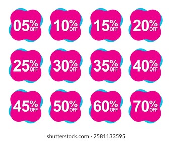 Sale tag discount set. Different percent discount sticker, price tag, badge set. 05.10.15. 20. 25. 30. 35. 40. 45. 50. 60 and 70 percent off. Stickers collection.  Vector illustration