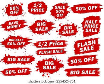 Sale tag discount set, vector banner for 50% discount offer, half price, red grunge paintbrush highlight, sale promotion, marketing sale banner